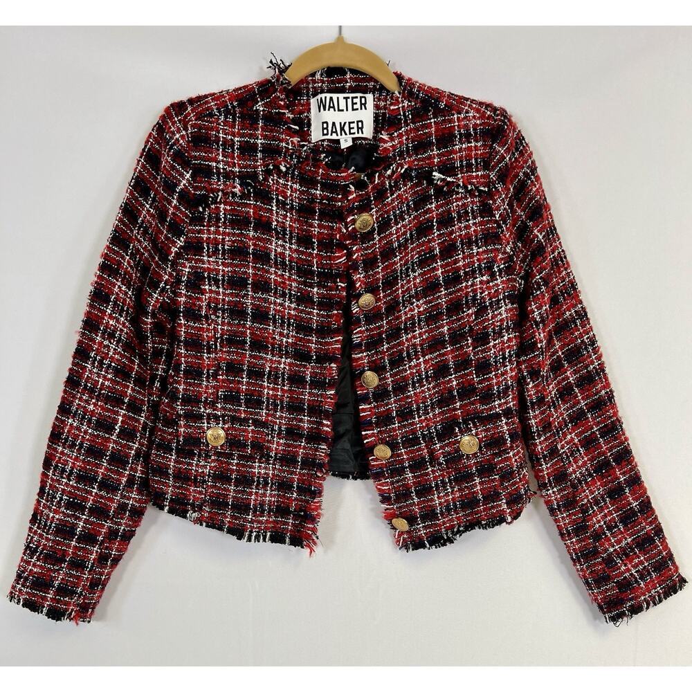 Walter Baker Tweed Fringe Blazer Jacket Red Plaid Size‎ S EUC Classic Preppy